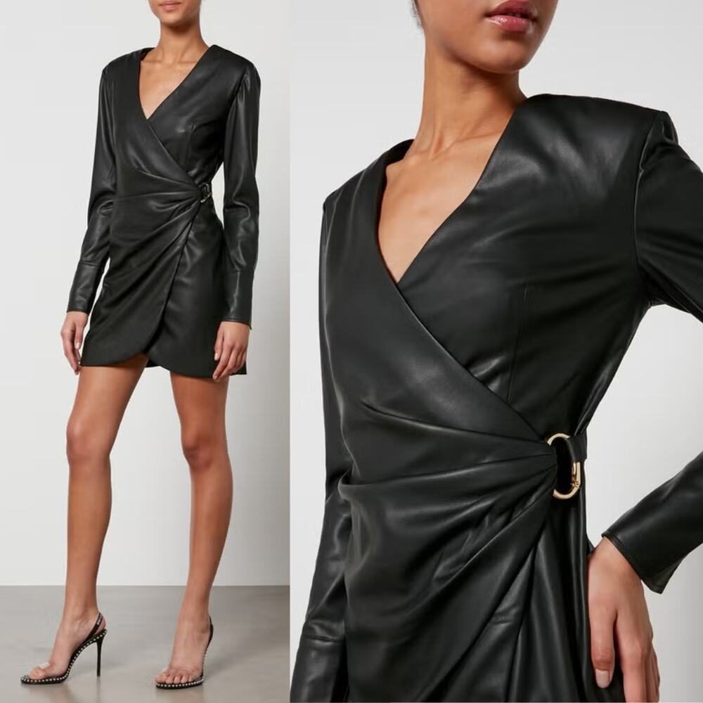 Anine Bing | NWT Joey Dress Black Faux Leather Wrap Mini Dress S